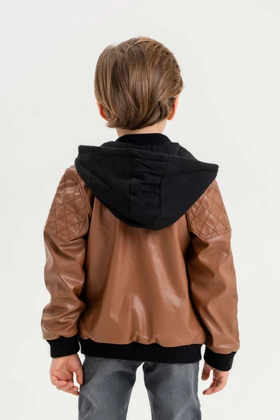 Kapüşonlu Cepli Fermuarlı Erkek Çocuk Deri Ceket - 9