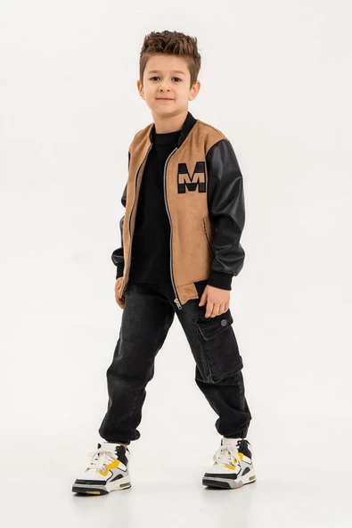 Deri Garnili Cepli Fermuarlı Erkek Çocuk Kolej Ceket - 4