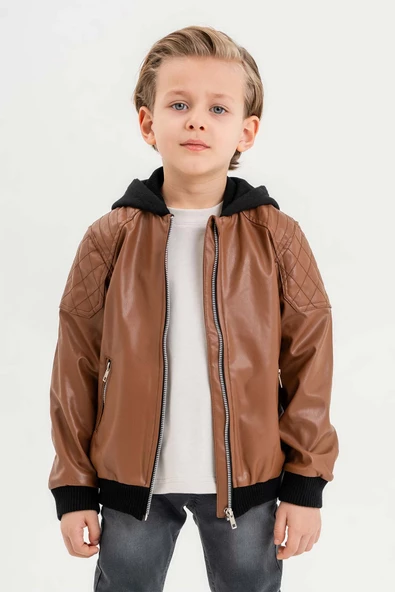 Kapüşonlu Cepli Fermuarlı Erkek Çocuk Deri Ceket - 6