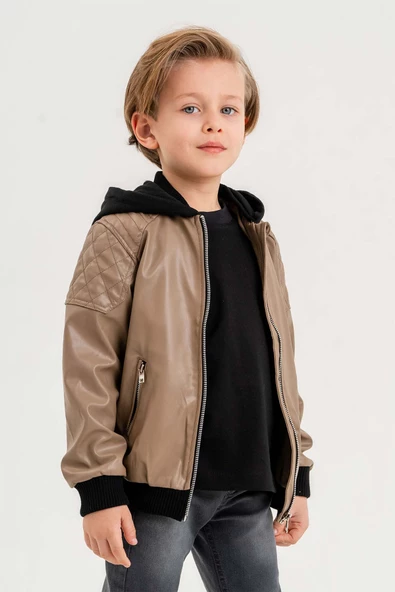 Kapüşonlu Cepli Fermuarlı Erkek Çocuk Deri Ceket - 2