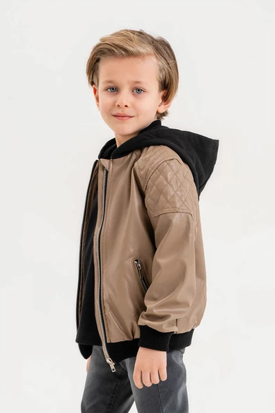 Kapüşonlu Cepli Fermuarlı Erkek Çocuk Deri Ceket - 3