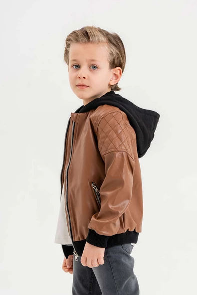 Kapüşonlu Cepli Fermuarlı Erkek Çocuk Deri Ceket - 7