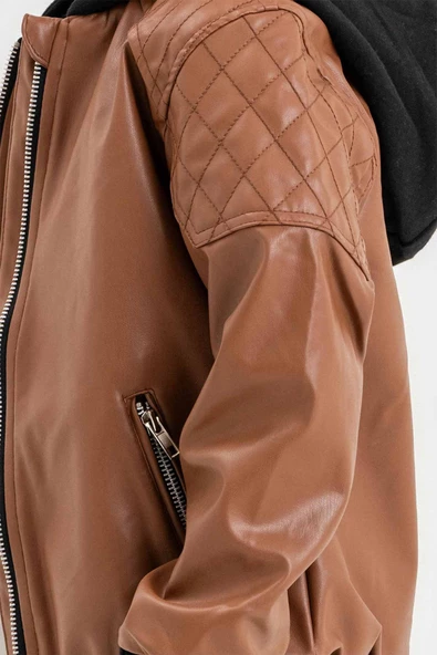 Kapüşonlu Cepli Fermuarlı Erkek Çocuk Deri Ceket - 10