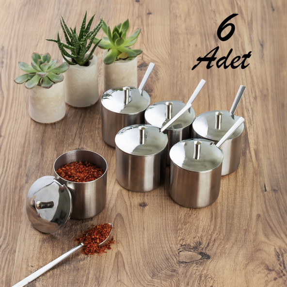 Porsima Elit 6 lı Paslanmaz Çelik Çay Kaşıklı Kapaklı Metal Şekerlik Masaüstü Baharatlık Takımı