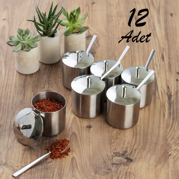 Porsima Elit 12 li Paslanmaz Çelik Çay Kaşıklı Kapaklı Metal Şekerlik Masaüstü Baharatlık Takımı