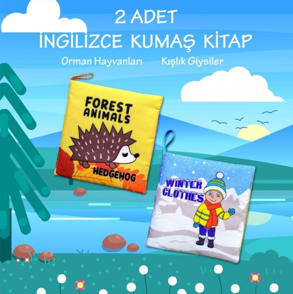 2 Kitapİngilizce Orman Hayvanları ve Kışlık Giysiler Kumaş Sessiz Kitap E127 E124 - Bez Kitap - 2