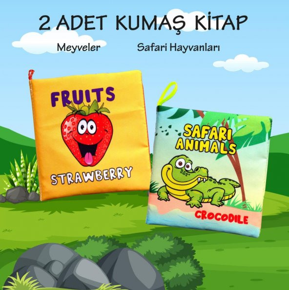 2 Kitapİngilizce Meyveler ve Safari Hayvanları Kumaş Sessiz Kitap E126 E130 - Bez Kitap - Resim 2