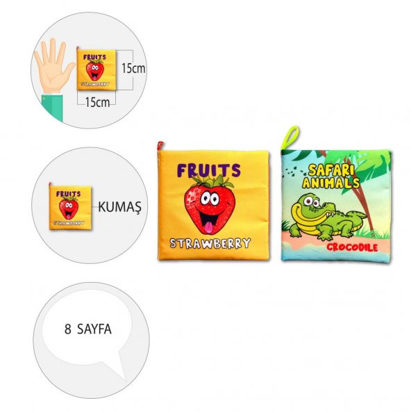 2 Kitapİngilizce Meyveler ve Safari Hayvanları Kumaş Sessiz Kitap E126 E130 - Bez Kitap - Resim 4