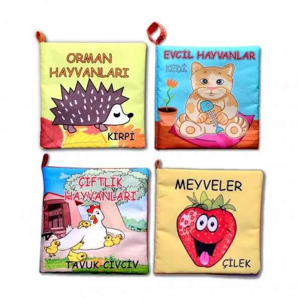 4 Kitap  Meyveler , Çiftlik , Orman ve Evcil Hayvanlar Kumaş Sessiz Kitap T055 T049 T058 T110 - Bez Kitap