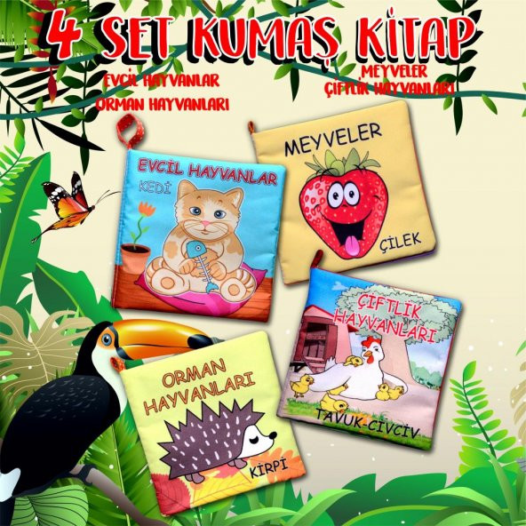 4 Kitap  Meyveler , Çiftlik , Orman ve Evcil Hayvanlar Kumaş Sessiz Kitap T055 T049 T058 T110 - Bez Kitap - 2