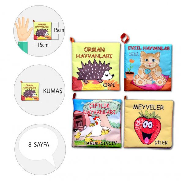 4 Kitap  Meyveler , Çiftlik , Orman ve Evcil Hayvanlar Kumaş Sessiz Kitap T055 T049 T058 T110 - Bez Kitap - 4
