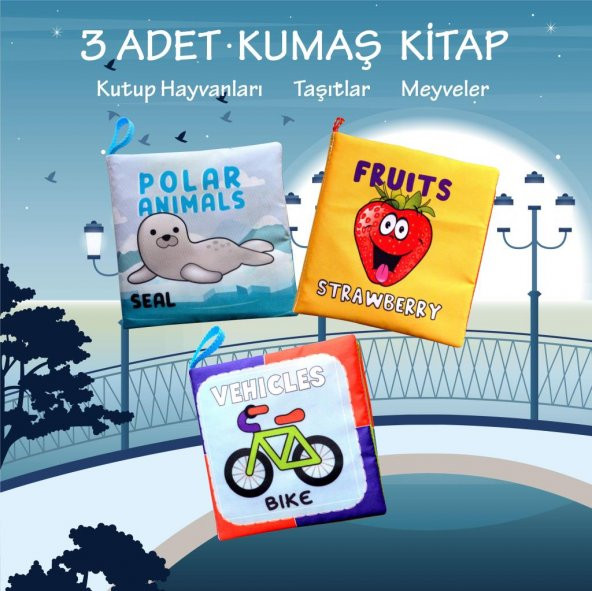 3 Kitapİngilizce Kutup Hayvanları , Taşıtlar ve Meyveler Kumaş Sessiz Kitap E125 E126 E132 - Bez Kitap - Resim 2