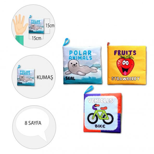 3 Kitapİngilizce Kutup Hayvanları , Taşıtlar ve Meyveler Kumaş Sessiz Kitap E125 E126 E132 - Bez Kitap - Resim 4