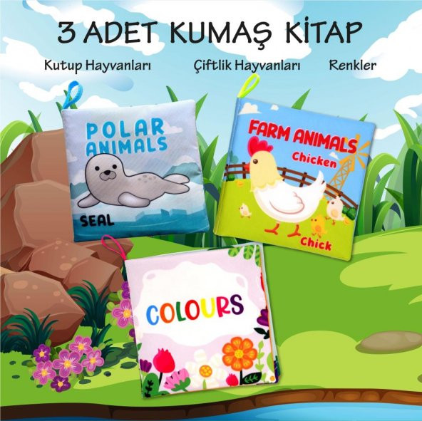 3 Kitap İngilizce Renkler , Kutup ve Çiftlik Hayvanları Kumaş Sessiz Kitap - Resim 2