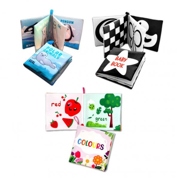 3 Kitapİngilizce Kutup Hayvanları , Renkler ve Siyah Beyaz Bebek Kumaş Sessiz Kitap E125 E129 E136 - Bez Kitap - Resim 3