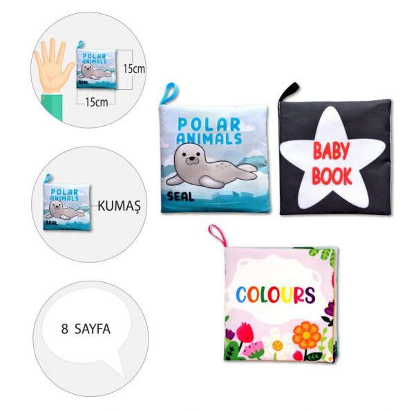 3 Kitapİngilizce Kutup Hayvanları , Renkler ve Siyah Beyaz Bebek Kumaş Sessiz Kitap E125 E129 E136 - Bez Kitap - Resim 4