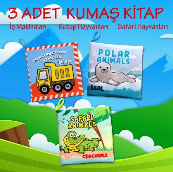 3 Kitapİngilizce İş Makinaları , Kutup ve Safari Hayvanları Kumaş Sessiz Kitap E125 E118 E130 - Bez Kitap - 2