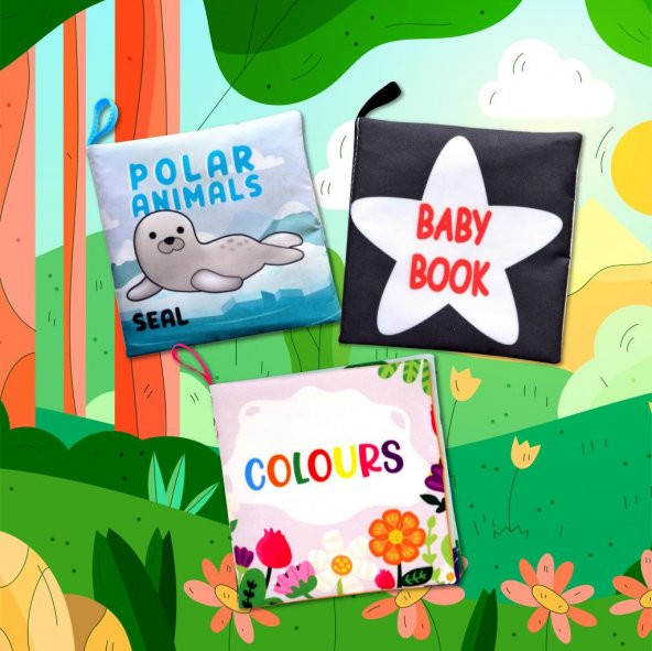 3 Kitapİngilizce Kutup Hayvanları , Renkler ve Siyah Beyaz Bebek Kumaş Sessiz Kitap E125 E129 E136 - Bez Kitap - Resim 5