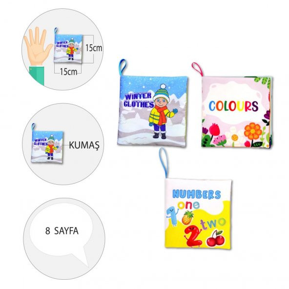3 Kitapİngilizce Kışlık Giysiler , Renkler ve Rakamlar Kumaş Sessiz Kitap E124 E129 E128  - Bez Kitap - 4