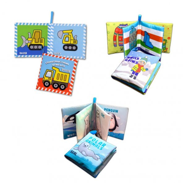 3 Kitapİngilizce İş Makinaları , Kışlık Giysiler ve Kutup Hayvanları Kumaş Sessiz Kitap E118 E124 E125 - Bez Kitap - Resim 3