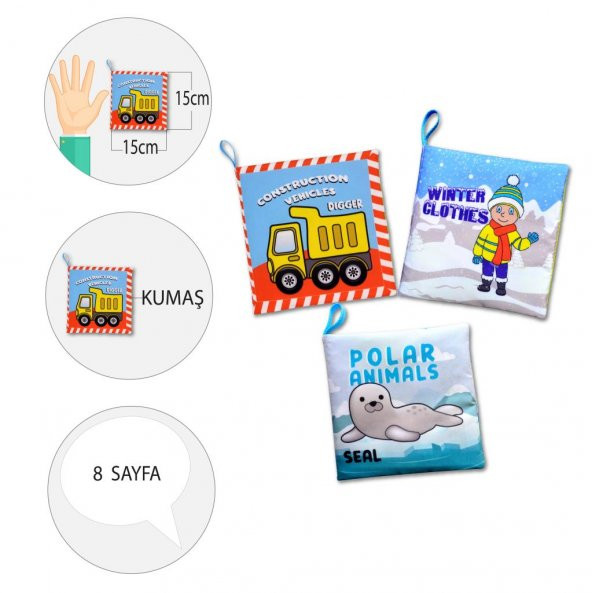 3 Kitapİngilizce İş Makinaları , Kışlık Giysiler ve Kutup Hayvanları Kumaş Sessiz Kitap E118 E124 E125 - Bez Kitap - Resim 4