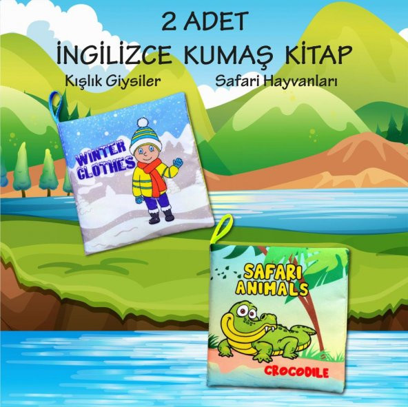 2 Kitapİngilizce Kışlık Giysiler ve Safari Hayvanları Kumaş Sessiz Kitap E124 E130 - Bez Kitap - Resim 2