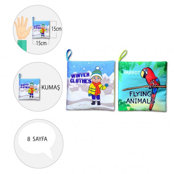 2 Kitapİngilizce Kışlık Giysiler ve Uçan Hayvanlar Kumaş Sessiz Kitap E124 E133 - Bez Kitap - Resim 4