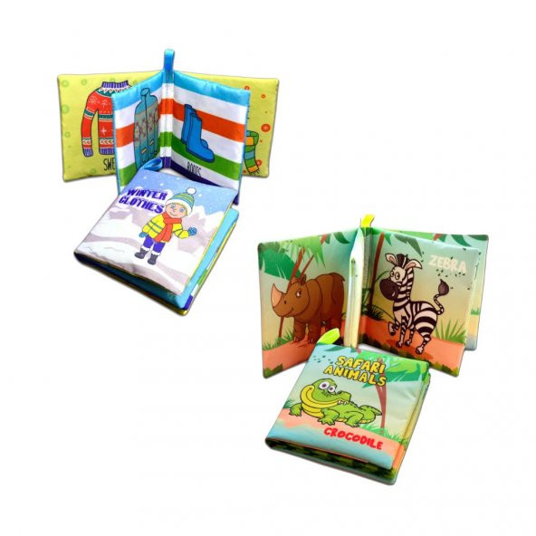 2 Kitapİngilizce Kışlık Giysiler ve Safari Hayvanları Kumaş Sessiz Kitap E124 E130 - Bez Kitap - Resim 3