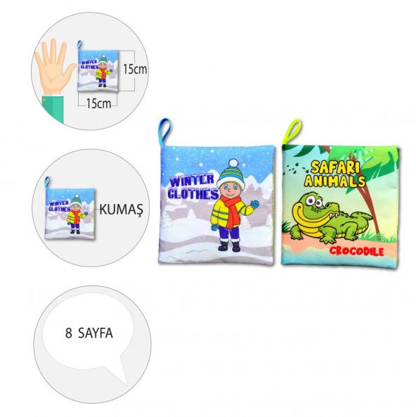 2 Kitapİngilizce Kışlık Giysiler ve Safari Hayvanları Kumaş Sessiz Kitap E124 E130 - Bez Kitap - Resim 4