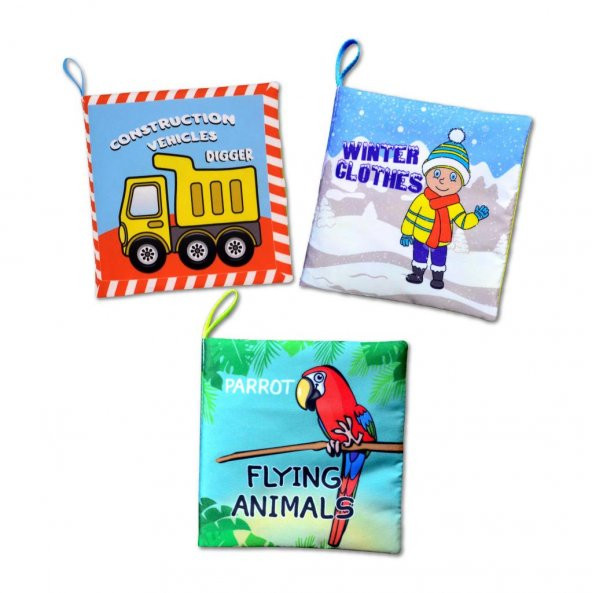 3 Kitapİngilizce İş Makinaları , Kışlık Giysiler ve Uçan Hayvanlar Kumaş Sessiz Kitap E118 E124 E133 - Bez Kitap ürün görseli