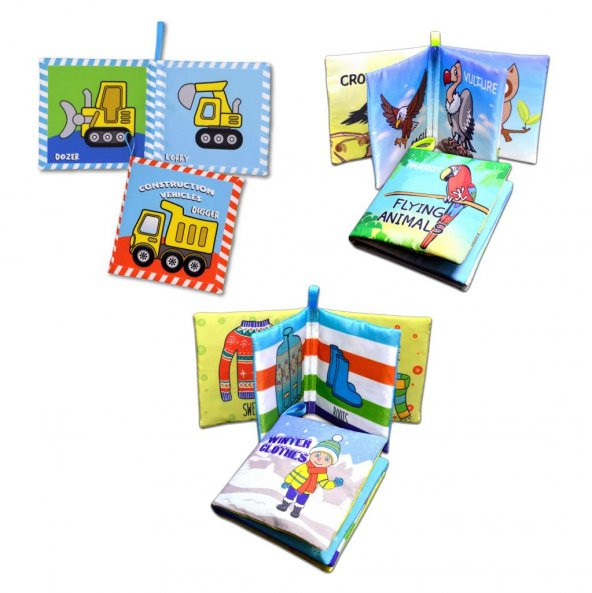 3 Kitapİngilizce İş Makinaları , Kışlık Giysiler ve Uçan Hayvanlar Kumaş Sessiz Kitap E118 E124 E133 - Bez Kitap - Resim 3