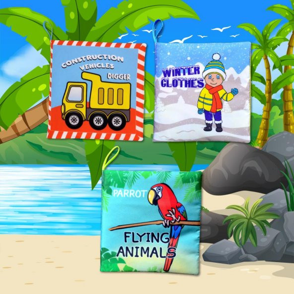 3 Kitapİngilizce İş Makinaları , Kışlık Giysiler ve Uçan Hayvanlar Kumaş Sessiz Kitap E118 E124 E133 - Bez Kitap - Resim 5