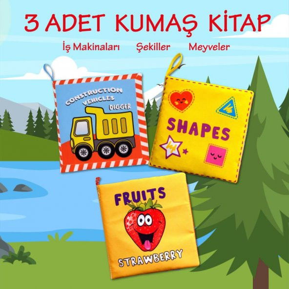 3 Kitapİngilizce İş Makinaları , Şekiller ve Meyveler Kumaş Sessiz Kitap E118 E126 E131 - Bez Kitap - 2