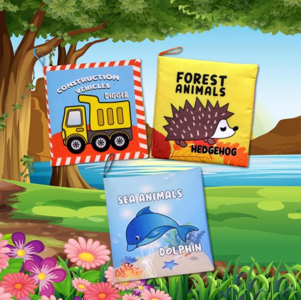 3 Kitapİngilizce  Deniz Canlıları , Orman Hayvanları ve İş Makinaları Kumaş Sessiz Kitap E118 E122 E127 - Bez Kitap - Resim 5