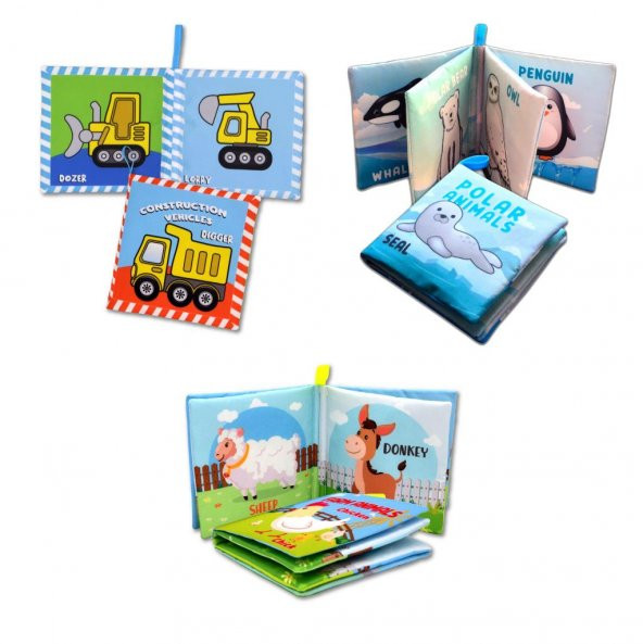 3 Kitapİngilizce İş Makinaları , Çiftlik ve Kutup Hayvanları Kumaş Sessiz Kitap E118 E119 E125 - Bez Kitap - Resim 3