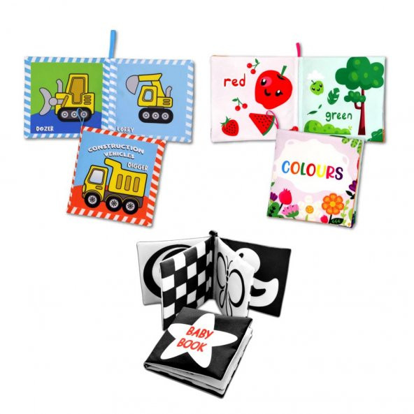 3 Kitapİngilizce Renkler , İş Makinaları ve Siyah Beyaz Bebek Kumaş Sessiz Kitap E118 E129 E136 - Bez Kitap - Resim 3