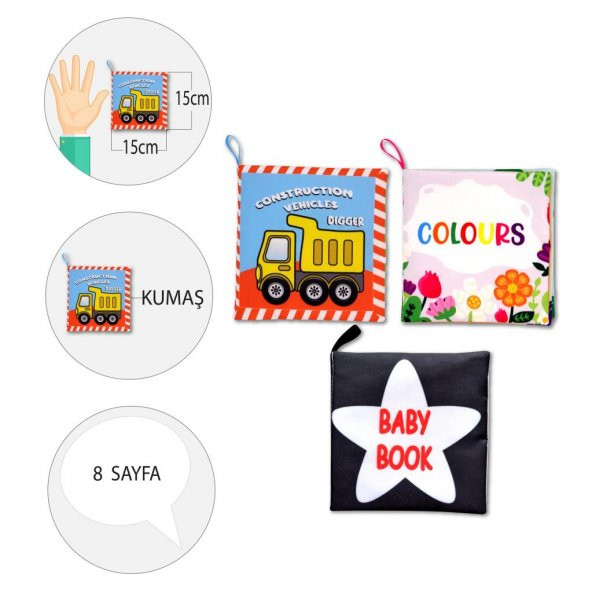 3 Kitapİngilizce Renkler , İş Makinaları ve Siyah Beyaz Bebek Kumaş Sessiz Kitap E118 E129 E136 - Bez Kitap - Resim 4