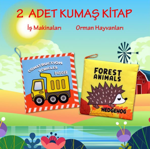 2 Kitapİngilizce İş Makinaları ve Orman Hayvanları Kumaş Sessiz Kitap E118 E127 - Bez Kitap - Resim 2