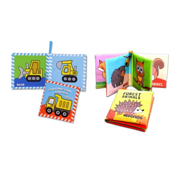 2 Kitapİngilizce İş Makinaları ve Orman Hayvanları Kumaş Sessiz Kitap E118 E127 - Bez Kitap - Resim 3