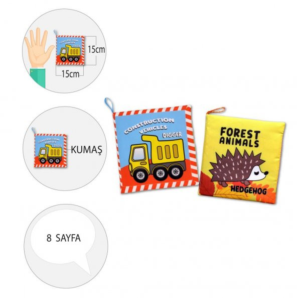 2 Kitapİngilizce İş Makinaları ve Orman Hayvanları Kumaş Sessiz Kitap E118 E127 - Bez Kitap - Resim 4