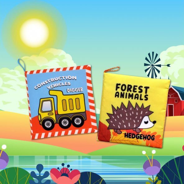 2 Kitapİngilizce İş Makinaları ve Orman Hayvanları Kumaş Sessiz Kitap E118 E127 - Bez Kitap - Resim 5