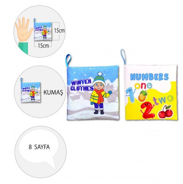 2 Kitapİngilizce Kışlık Giysiler ve Rakamlar Kumaş Sessiz Kitap E124 E128 - Bez Kitap - 4