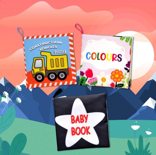 3 Kitapİngilizce Renkler , İş Makinaları ve Siyah Beyaz Bebek Kumaş Sessiz Kitap E118 E129 E136 - Bez Kitap - Resim 5