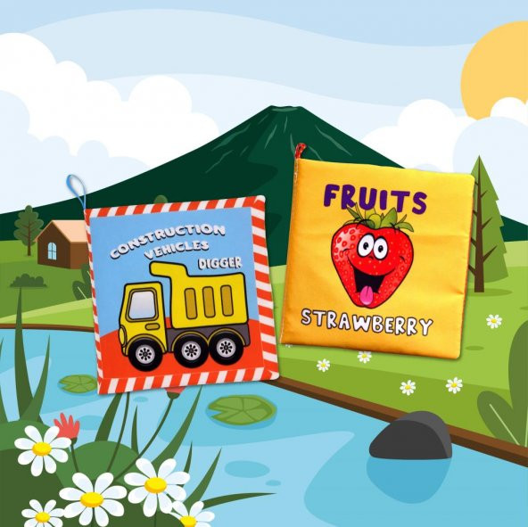 2 Kitapİngilizce İş Makinaları ve Meyveler Kumaş Sessiz Kitap E118 E126 - Bez Kitap - Resim 5