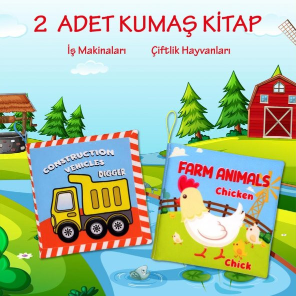 2 Kitapİngilizce İş Makinaları ve Çiftlik Hayvanları Kumaş Sessiz Kitap E118 E119 - Bez Kitap - 2