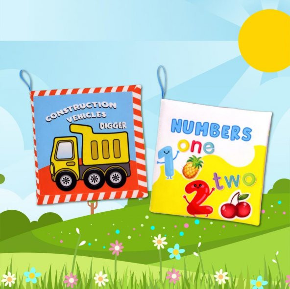 2 Kitapİngilizce İş Makinaları ve Rakamlar Kumaş Sessiz Kitap E118 E128 - Bez Kitap - 5