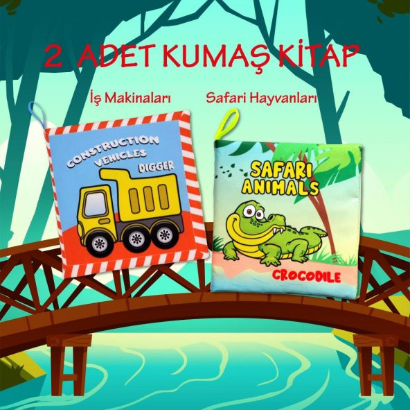 2 Kitapİngilizce İş Makinaları ve Safari Hayvanları Kumaş Sessiz Kitap E118 E130 - Bez Kitap - Resim 2