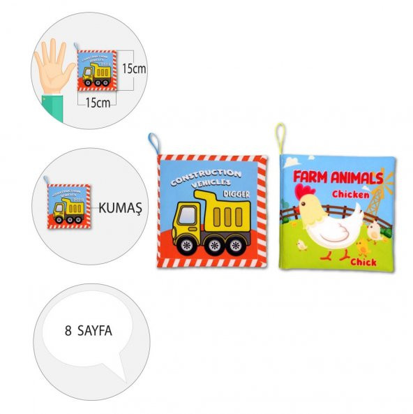 2 Kitapİngilizce İş Makinaları ve Çiftlik Hayvanları Kumaş Sessiz Kitap E118 E119 - Bez Kitap - 4