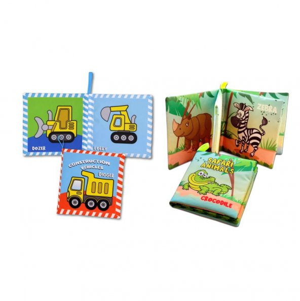 2 Kitapİngilizce İş Makinaları ve Safari Hayvanları Kumaş Sessiz Kitap E118 E130 - Bez Kitap - Resim 3