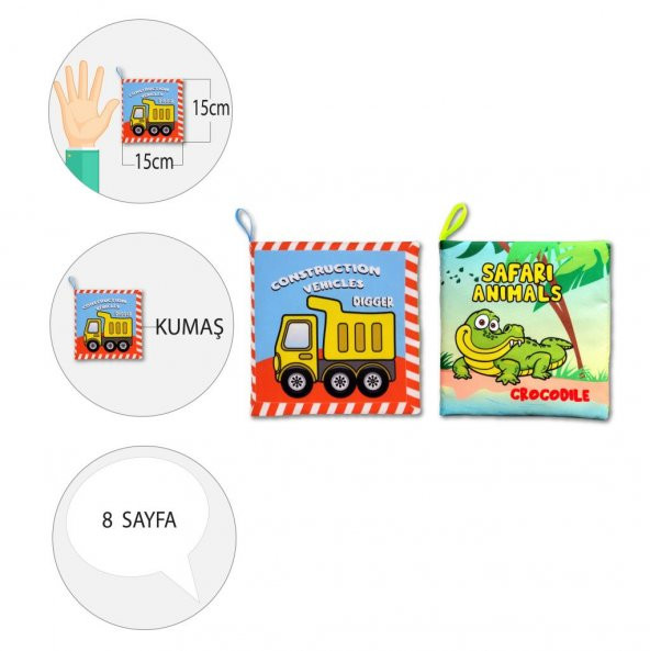 2 Kitapİngilizce İş Makinaları ve Safari Hayvanları Kumaş Sessiz Kitap E118 E130 - Bez Kitap - Resim 4